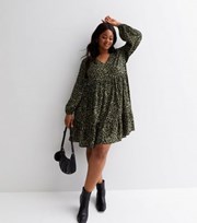 New Look Curves Green Floral V Neck Long Puff Sleeve Mini Smock Dress